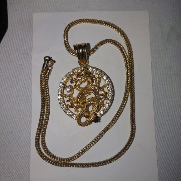 Gold Chinese Dragon Year Pendant Necklace Gold Tone Rhinestones 22 inch Chain - Picture 12 of 14